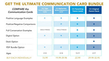 Ultimate Conscious Communication Card Bundle Comparison Chart. Lists CC Tips, CC Reframes, CC Parenting Teen Cards, CC Parent or Educator Cards pricing 15.99, 19.99-39.98, 23.99, 29.99-32.95.  They all include positive language examples. The Reframes, Teen Cards, and Parent & Educator Decks include full conversations and positive/negative comparisons. Only the Parent Cards and Educator cards have a physical deck options. The rest are digital. Save over 25% with the bundle.